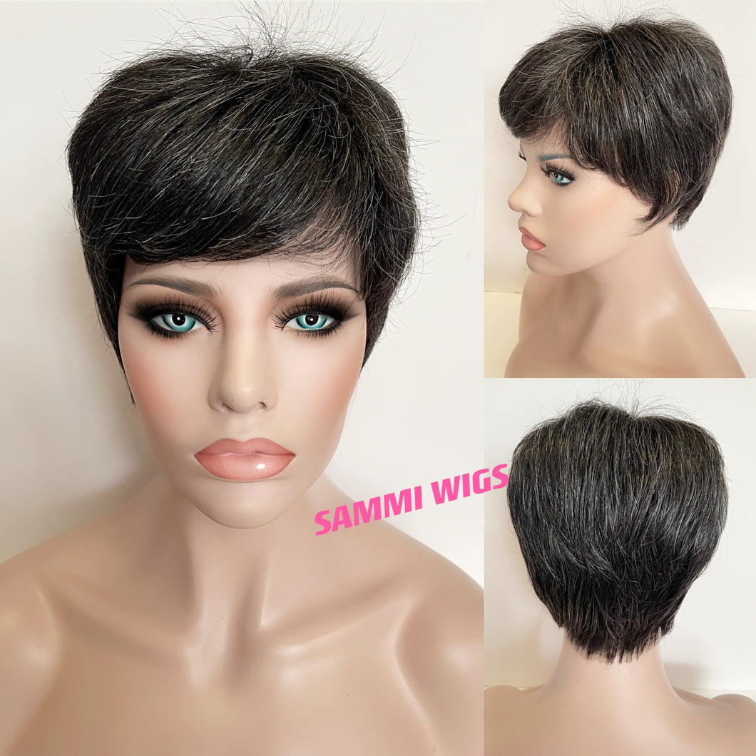 Short wig in black with white hair dark grey color in Japanese kk fibre